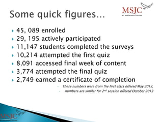  45, 089 enrolled
 29, 195 actively participated
 11,147 students completed the surveys
 10,214 attempted the first quiz
 8,091 accessed final week of content
 3,774 attempted the final quiz
 2,749 earned a certificate of completion
• These numbers were from the first class offered May 2013,
• numbers are similar for 2nd session offered October 2013
 