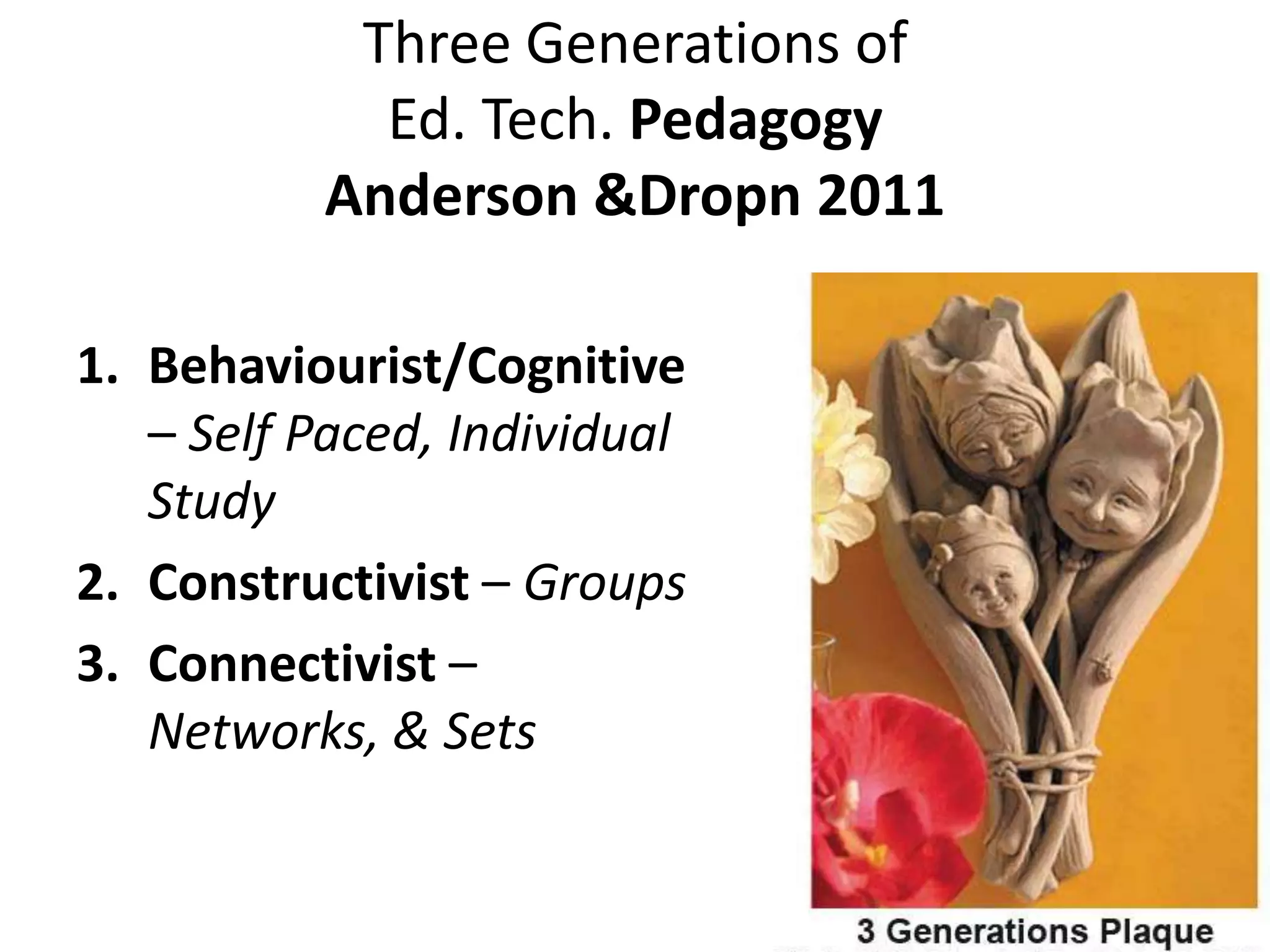 Three Generations of
            Ed. Tech. Pedagogy
          Anderson &Dropn 2011

1. Behaviourist/Cognitive
   – Self Paced, Individual
   Study
2. Constructivist – Groups
3. Connectivist –
   Networks, & Sets
 