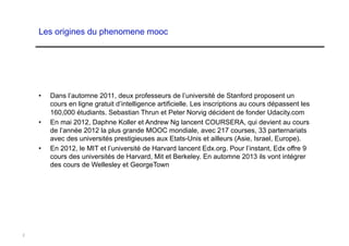 Les origines du phenomene mooc




    •    Dans l’automne 2011, deux professeurs de l’université de Stanford proposent un
         cours en ligne gratuit d’intelligence artificielle. Les inscriptions au cours dépassent les
         160,000 étudiants. Sebastian Thrun et Peter Norvig décident de fonder Udacity.com
    •    En mai 2012, Daphne Koller et Andrew Ng lancent COURSERA, qui devient au cours
         de l’année 2012 la plus grande MOOC mondiale, avec 217 courses, 33 parternariats
         avec des universités prestigieuses aux Etats-Unis et ailleurs (Asie, Israel, Europe).
    •    En 2012, le MIT et l’université de Harvard lancent Edx.org. Pour l’instant, Edx offre 9
         cours des universités de Harvard, Mit et Berkeley. En automne 2013 ils vont intégrer
         des cours de Wellesley et GeorgeTown




2
 