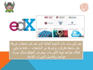 ‫كورسات‬ ‫يقدم‬‫ذات‬‫ا‬‫ل‬‫جودة‬‫ع‬ ‫جامعات‬ ‫في‬ ‫تقدم‬ ‫التي‬ ‫العالية‬‫ريقة‬
‫يكون‬ ‫ما‬ ‫عادة‬ ،، ‫الجامعات‬ ‫من‬ ‫وغيرها‬ ‫هارفارد‬ ‫جامعة‬ ‫مثل‬
‫دوري‬ ‫بشكل‬ ‫الموقع‬ ‫ويعرض‬ ‫الكورسات‬ ‫لهذه‬ ‫مواعيد‬ ‫هنالك‬
‫القادمة‬ ‫الدورات‬ ‫وتفاصيل‬ ‫مواعيد‬
 