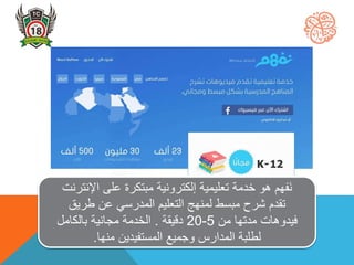 ‫ا‬ ‫على‬ ‫مبتكرة‬ ‫إلكترونية‬ ‫تعليمية‬ ‫خدمة‬ ‫هو‬ ‫َفهم‬‫ن‬‫إلنترنت‬
‫طري‬ ‫عن‬ ‫المدرسي‬ ‫التعليم‬ ‫لمنهج‬ ‫مبسط‬ ‫شرح‬ ‫تقدم‬‫ق‬
‫من‬ ‫مدتها‬ ‫فيدوهات‬5-20‫دقيقة‬.‫بالكامل‬ ‫مجانية‬ ‫الخدمة‬
‫منها‬ ‫المستفيدين‬ ‫وجميع‬ ‫المدارس‬ ‫لطلبة‬.
 