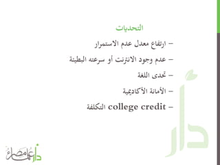 ‫التحدايت‬
-‫ار‬‫ر‬‫االستم‬ ‫عدم‬ ‫معدل‬ ‫تفاع‬‫ر‬‫ا‬
-‫البطيئة‬ ‫سرعته‬ ‫أو‬ ‫نت‬‫رت‬‫االن‬ ‫وجود‬ ‫عدم‬
-‫اللغة‬ ‫حتدى‬
-‫األكادميية‬ ‫األمانة‬
-college credit‫التكلفة‬
 