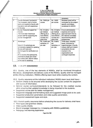 I
~....a
F.No.8-1/201S-TEL 

Government of India 

Ministry of Human Resource Development 

Department of Higher Education 

7
8
Course Reviewer Honorarium.
Two reviewers, both of whom
peers and academic faculty with
reputation and with experience
in the area
Human Resource support for
Course.
Not more than 5 technical
project staff for supporting the
course management
9 Workshops
About 5-10 workshops are
immediately needed for updating
faculty with tools and
technologies for certification on­
line.
60 to seventy five participants,
restricted to those who travel
from within 200 -300 km radius
of the site for workshop
13. UALITY ASSURANCE
Rs. 15000 per
course.
Rs. 2.0 lakhs
per institute
offering 20 or
more MOOC
courses at a
given time.
Rs. 5 lakhs per
workshop, or
pro rata
Rs. 15000
per course.
Rs. 2.0 lakhs
per institute
offering 20 or
more MOOe
courses at a
given time.
RS.5lakhs
per
workshop, or
pro rata
necessary.
Reviewer panel will be
nominated by the subject-
specific committees
constituted for MOOC.
It is an administrative
expense and must be
approved each time by
the national committee
recommending MOOe
programmes.
Three days, including
travel, honoraria for
organizing team (Faculty,
mission staff and mission
consultants who are
involved in the
organization) and
contingent expenses.
13.1 Quality, one of the key elements of MOOCs, shall be monitored throughout
the design, development and delivery cycle of the MOOCs. Quality shall be managed
at the offering institution / MOOCs offering team level while creating the content.
13.2. Quality assurance at the individual institution/ MOOCs team level shall have:­
• 	 Content checks to be ensured while developing the course content for plagiarism
and source of information.
• 	 General course curriculum/standards to be followed for the credited courses
while ensuring that updated knowledge is being imparted to the students.
• 	 Suggested course plan for better management.
• 	 Suggested language and formatting style and suggested image pools to be used.
• 	 Suggested production parameters and video quality parameters.
• 	 Suggested assessment types and style.
13.3. Overall quality assurance before scheduling the course for delivery shall have:
• 	 Final typos and grammar checks.
• 	 Video quality checks.
• 	 Brand language/ message (i.e. in keeping with MODes guidelines).
• 	 Pedagogy and learning experience. 

Page 15 of 19 

 