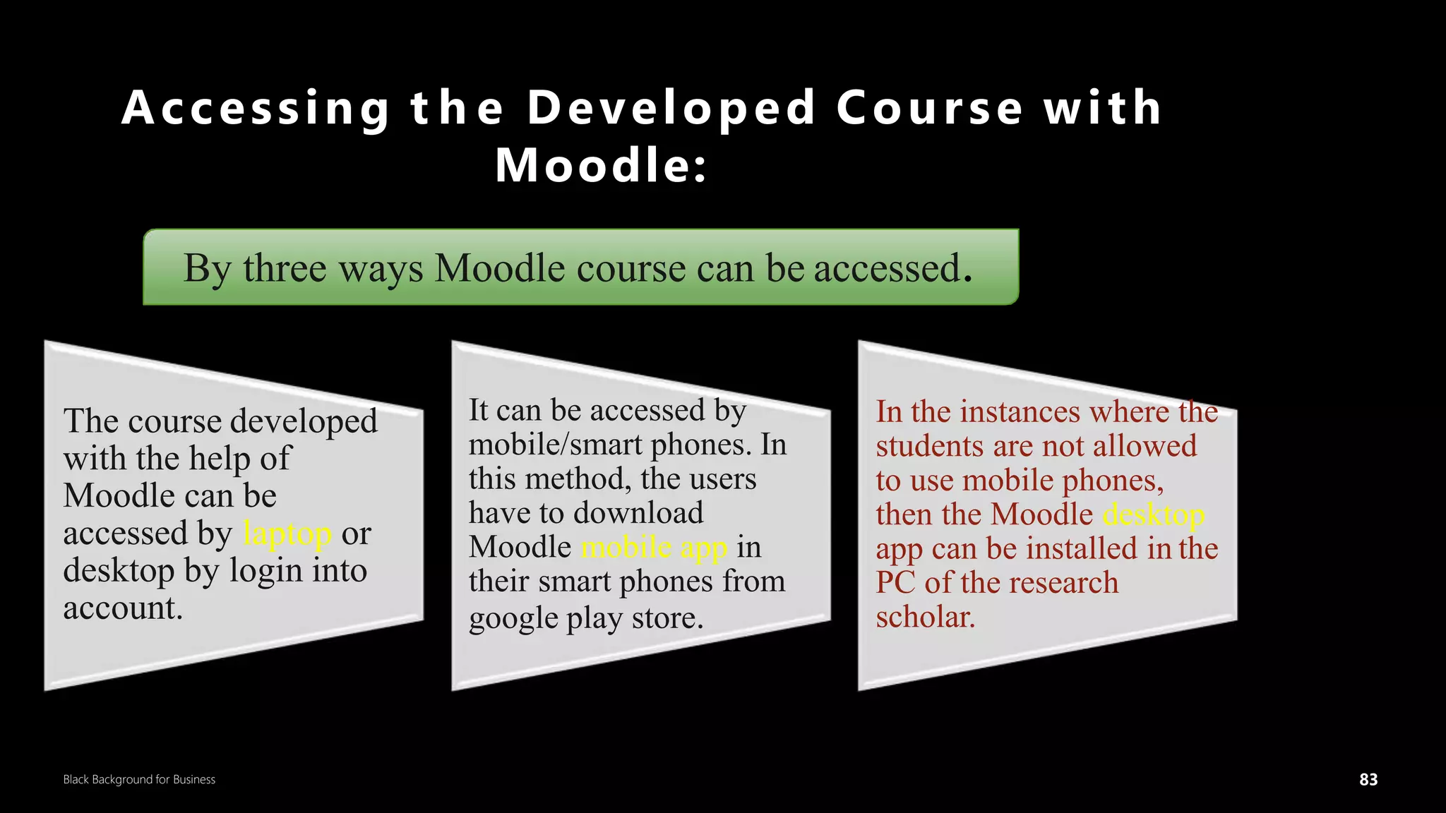 83
Black Background for Business
Accessing t h e Developed Course with
Moodle:
The course developed
with the help of
Moodle can be
accessed by laptop or
desktop by login into
account.
It can be accessed by
mobile/smart phones. In
this method, the users
have to download
Moodle mobile app in
their smart phones from
google play store.
In the instances where the
students are not allowed
to use mobile phones,
then the Moodle desktop
app can be installed in the
PC of the research
scholar.
By three ways Moodle course can be accessed.
83
DR.SUMI
 