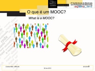 O que é um MOOC?
What is a MOOC?

3
2012/2014

Cristina Neto - MPeL06
30 nov 2013

 