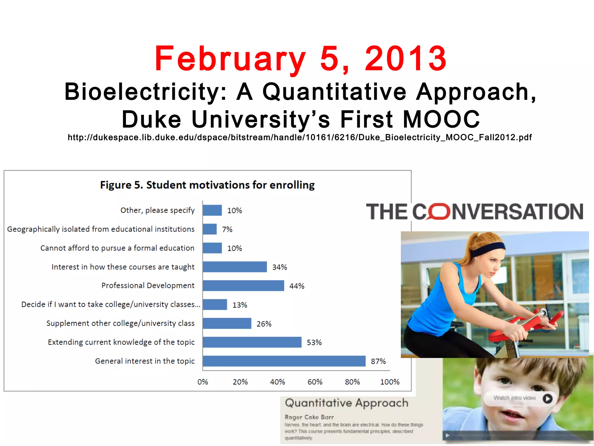 February 5, 2013

Bioelectricity: A Quantitative Approach,
Duke University’s First MOOC
http://dukespace.lib.duke.edu/dspace/bitstream/handle/10161/6216/Duke_Bioelectricity_MOOC_Fall2012.pdf

 
