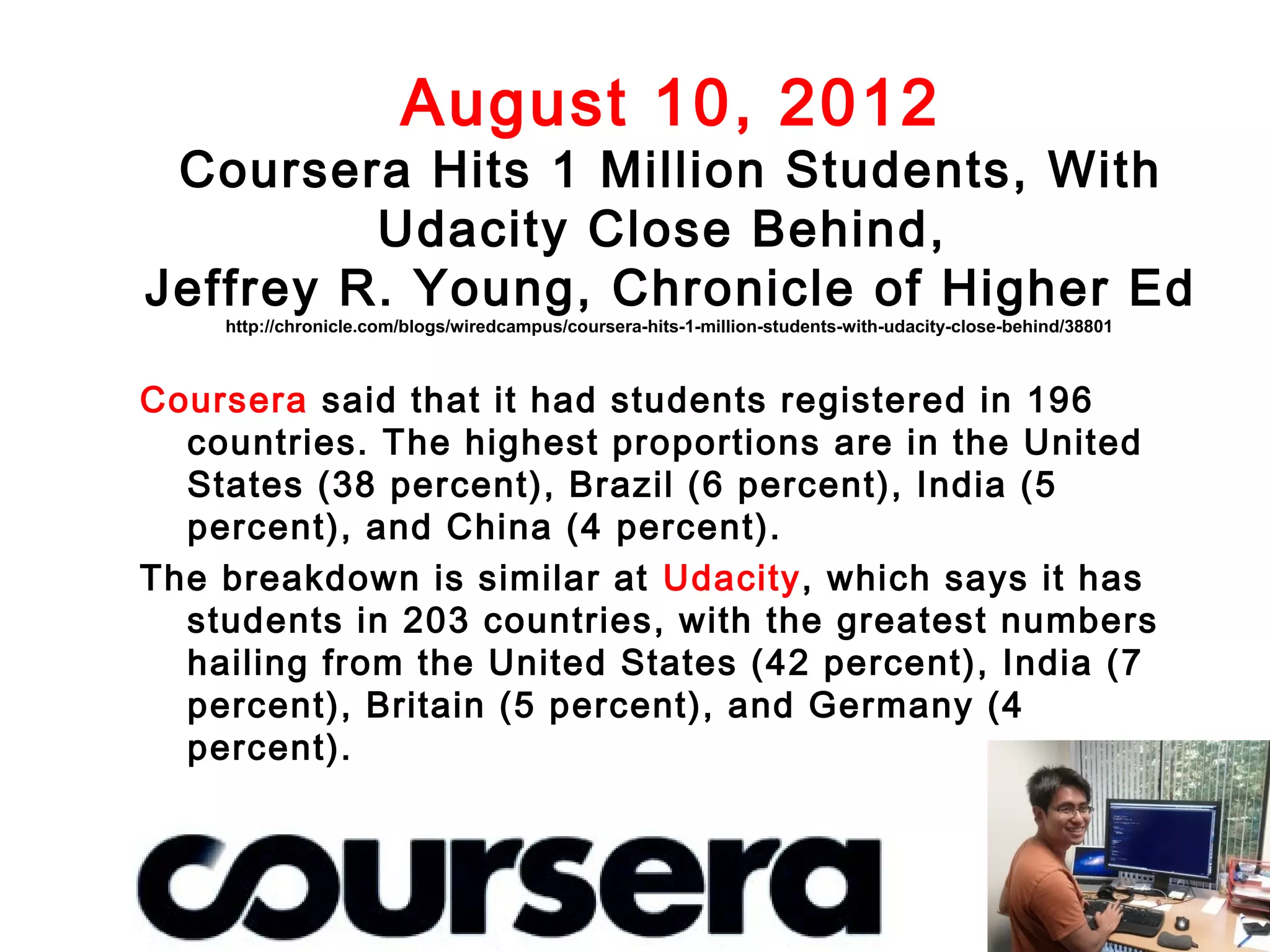 August 10, 2012

Coursera Hits 1 Million Students, With
Udacity Close Behind,
Jeffrey R. Young, Chronicle of Higher Ed
http://chronicle.com/blogs/wiredcampus/coursera-hits-1-million-students-with-udacity-close-behind/38801

Coursera said that it had students registered in 196
countries. The highest proportions are in the United
States (38 percent), Brazil (6 percent), India (5
percent), and China (4 percent).
The breakdown is similar at Udacity, which says it has
students in 203 countries, with the greatest numbers
hailing from the United States (42 percent), India (7
percent), Britain (5 percent), and Germany (4
percent).

 