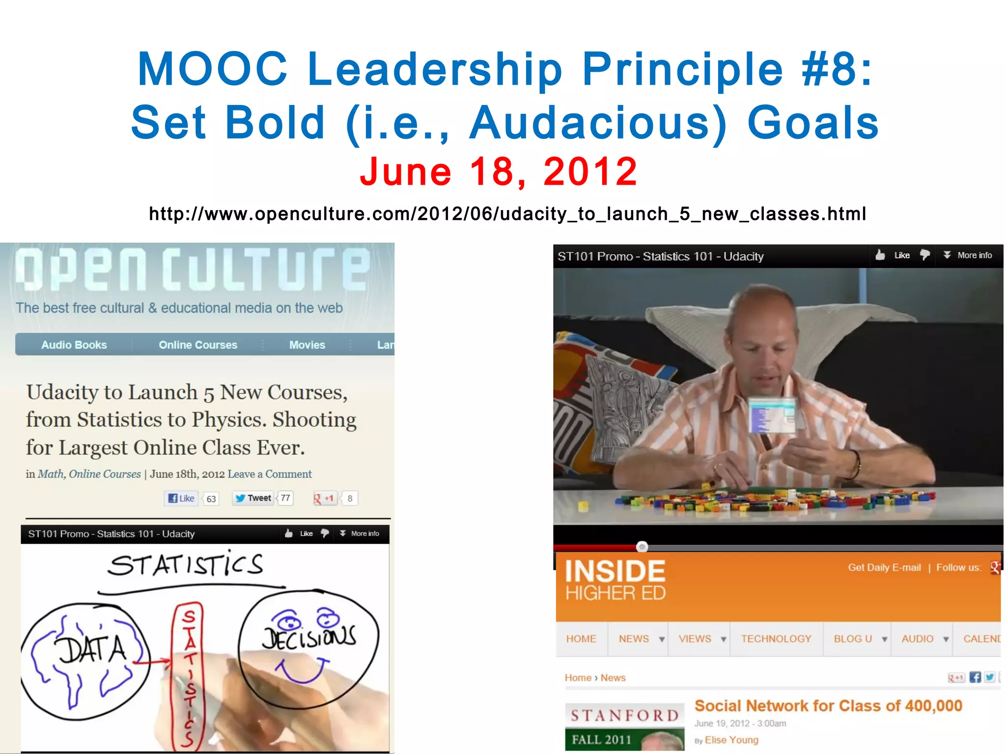 MOOC Leadership Principle #8:
Set Bold (i.e., Audacious) Goals
June 18, 2012

http://www.openculture.com/2012/06/udacity_to_launch_5_new_classes.html

 