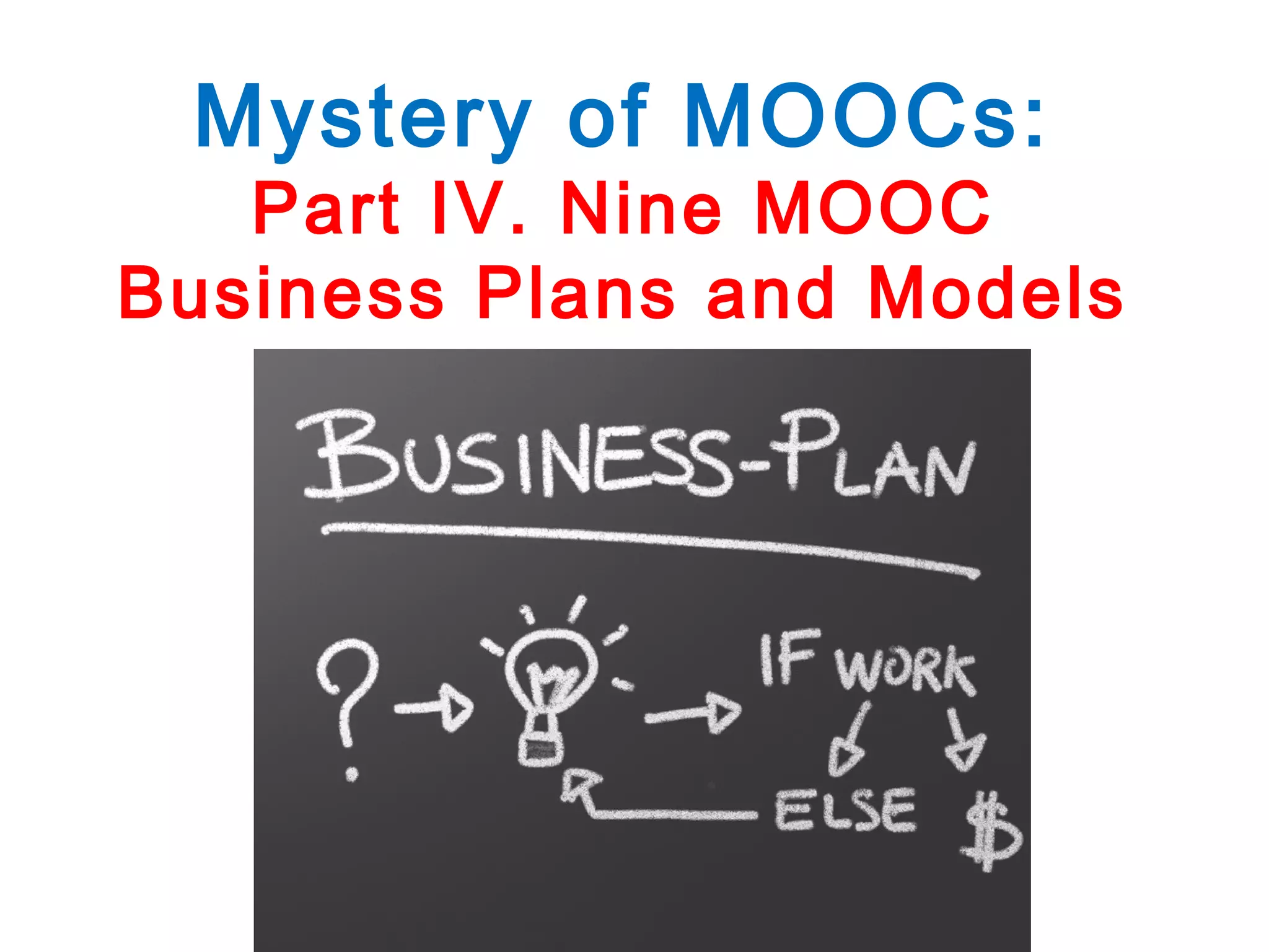 Mystery of MOOCs:

Part IV. Nine MOOC
Business Plans and Models

 
