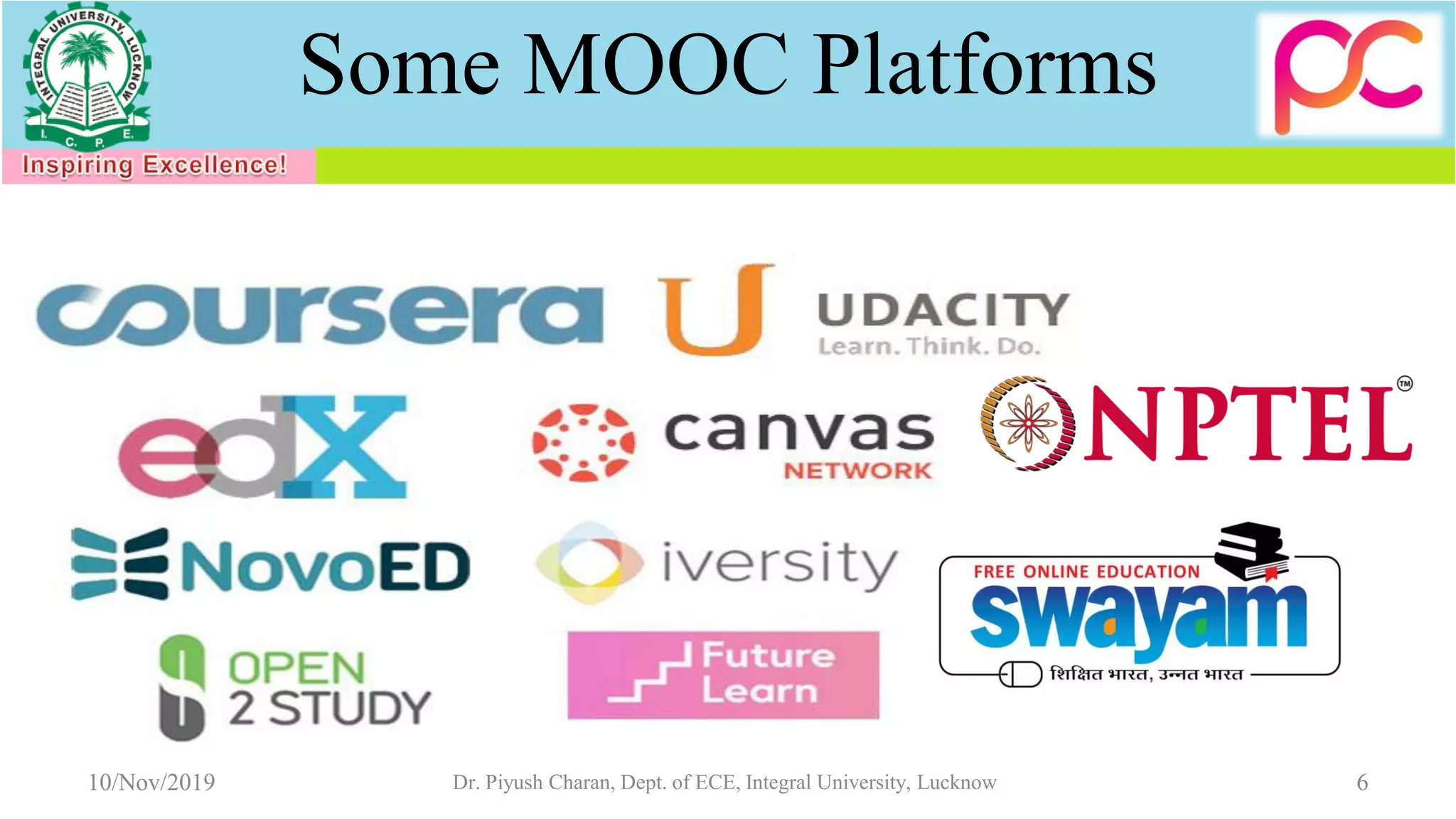 Some MOOC Platforms
10/Nov/2019 Dr. Piyush Charan, Dept. of ECE, Integral University, Lucknow 6
 