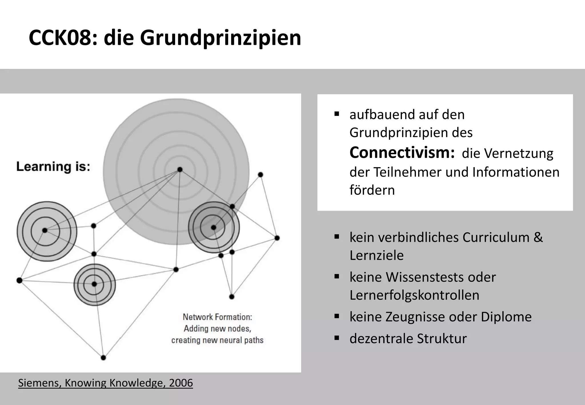 9
CCK08: die Grundprinzipien
 aufbauend auf den
Grundprinzipien des
Connectivism: die Vernetzung
der Teilnehmer und Informationen
fördern
 kein verbindliches Curriculum &
Lernziele
 keine Wissenstests oder
Lernerfolgskontrollen
 keine Zeugnisse oder Diplome
 dezentrale Struktur
Siemens, Knowing Knowledge, 2006
 