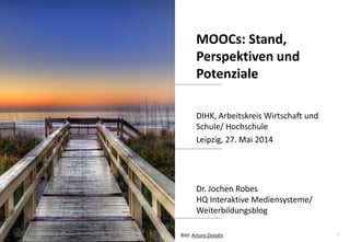 1
www.hq.de
Dr. Jochen Robes
HQ Interaktive Mediensysteme/
Weiterbildungsblog
MOOCs: Stand,
Perspektiven und
Potenziale
DI...