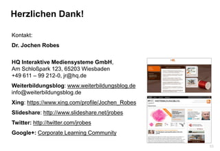 53
Kontakt:
Dr. Jochen Robes
HQ Interaktive Mediensysteme GmbH,
Am Schloßpark 123, 65203 Wiesbaden
+49 611 – 99 212-0, jr@...