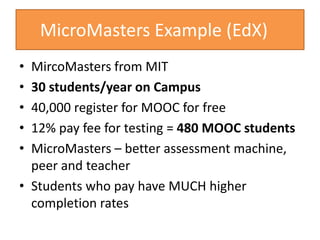 MicroMasters Example (EdX)
• MircoMasters from MIT
• 30 students/year on Campus
• 40,000 register for MOOC for free
• 12% pay fee for testing = 480 MOOC students
• MicroMasters – better assessment machine,
peer and teacher
• Students who pay have MUCH higher
completion rates
 