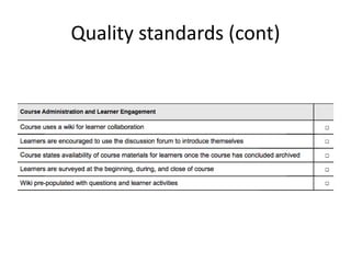Quality standards (cont)
 