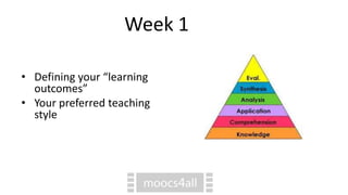 Week 1
• Defining your “learning
outcomes”
• Your preferred teaching
style
 