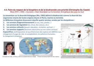 4.4. Faire du respect de la biosphère et de la biodiversité une priorité (Christophe Du Castel)
Mooc AFD + ENS + Coursera + Alain Grandjean sur la transition énergétique des pays du Sud
La convention sur la diversité biologique (Rio, 1992) définit la biodiversité comme la diversité des
organismes vivants de toutes origines (faune et flore), marine ou terrestre.
Le Millenium Ecosystem Assesment classifie quatre services rendus par les écosystèmes :
1. Les services d’approvisionnement (ex eau, bois, plantes…)
2. Les services de régulation (du climat, des cultures, etc.)
3. Les services culturels (beauté, éducation, récréation, spirituel…)
4. Les services supports (fonctions nécessaires au trois autres services)
Aujourd’hui, (anthropocène), le taux d’extinction des espèces est 1000 fois supérieur à ce qu’il était auparavant à cause du
changement d’usage des sols, la surexploitation, les pollutions humaines,
le changement climatique.
Christophe du Castel Ci-dessus, zones où la biodiversité est en danger A droite les 6 temps d’extinction des espèces
 