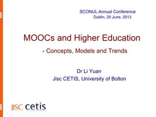 Dr Li Yuan
Jisc CETIS, University of Bolton
MOOCs and Higher Education
- Concepts, Models and Trends
SCONUL Annual Conference
Dublin, 20 June, 2013
 