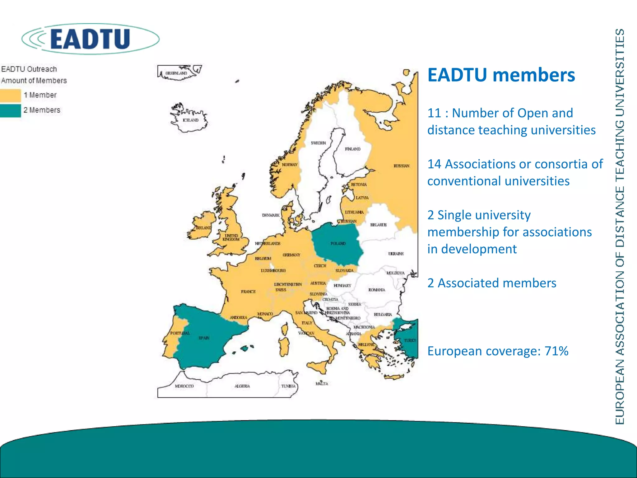 EADTU members
11 : Number of Open and
distance teaching universities
14 Associations or consortia of
conventional universities
2 Single university
membership for associations
in development
2 Associated members
European coverage: 71%
 