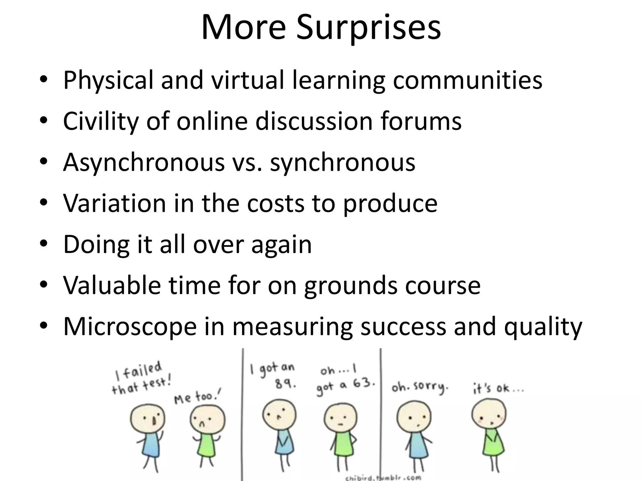 More Surprises
•   Physical and virtual learning communities
•   Civility of online discussion forums
•   Asynchronous vs. synchronous
•   Variation in the costs to produce
•   Doing it all over again
•   Valuable time for on grounds course
•   Microscope in measuring success and quality
 