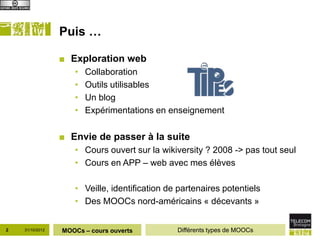 Puis …

                 ■ Exploration web
                    •   Collaboration
                    •   Outils utilisables
                    •   Un blog
                    •   Expérimentations en enseignement

                 ■ Envie de passer à la suite
                    • Cours ouvert sur la wikiversity ? 2008 -> pas tout seul
                    • Cours en APP – web avec mes élèves

                    • Veille, identification de partenaires potentiels
                    • Des MOOCs nord-américains « décevants »


2   31/10/2012   MOOCs – cours ouverts         Différents types de MOOCs
 