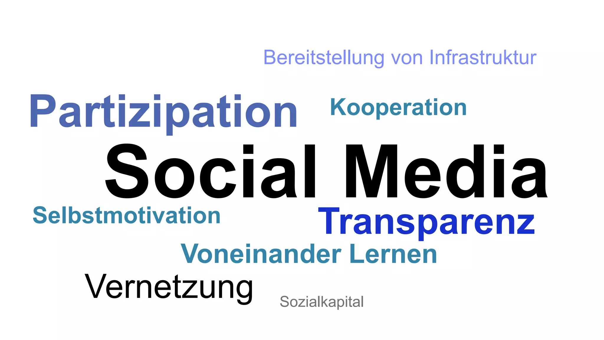 Partizipation 
Kooperation 
Social Media 
Selbstmotivation Transparenz 
Vernetzung 
Bereitstellung von Infrastruktur 
Voneinander Lernen 
Sozialkapital 
 
