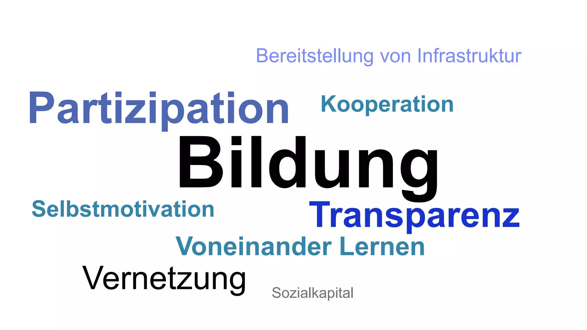 Partizipation 
Kooperation 
Bildung 
Selbstmotivation Transparenz 
Vernetzung 
Bereitstellung von Infrastruktur 
Voneinander Lernen 
Sozialkapital 
 