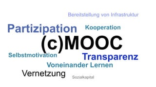 Partizipation 
Kooperation 
(c)MOOC 
Selbstmotivation Transparenz 
Vernetzung 
Bereitstellung von Infrastruktur 
Voneinander Lernen 
Sozialkapital 
 