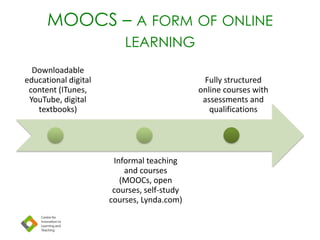 MOOCS – A FORM OF ONLINE
LEARNING
Downloadable
educational digital
content (ITunes,
YouTube, digital
textbooks)
Informal teaching
and courses
(MOOCs, open
courses, self-study
courses, Lynda.com)
Fully structured
online courses with
assessments and
qualifications
 