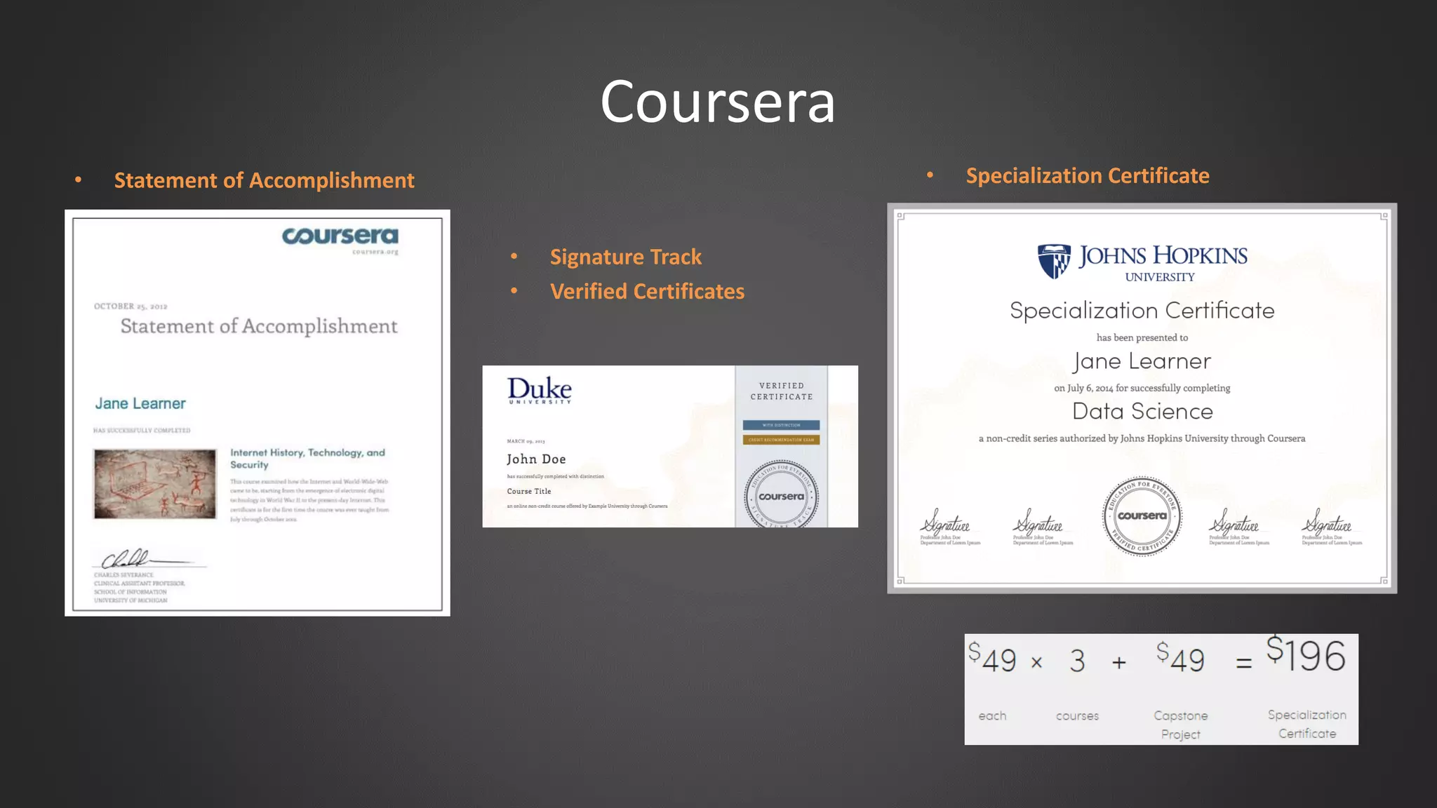 Coursera
• Statement of Accomplishment • Specialization Certificate
• Signature Track
• Verified Certificates
 