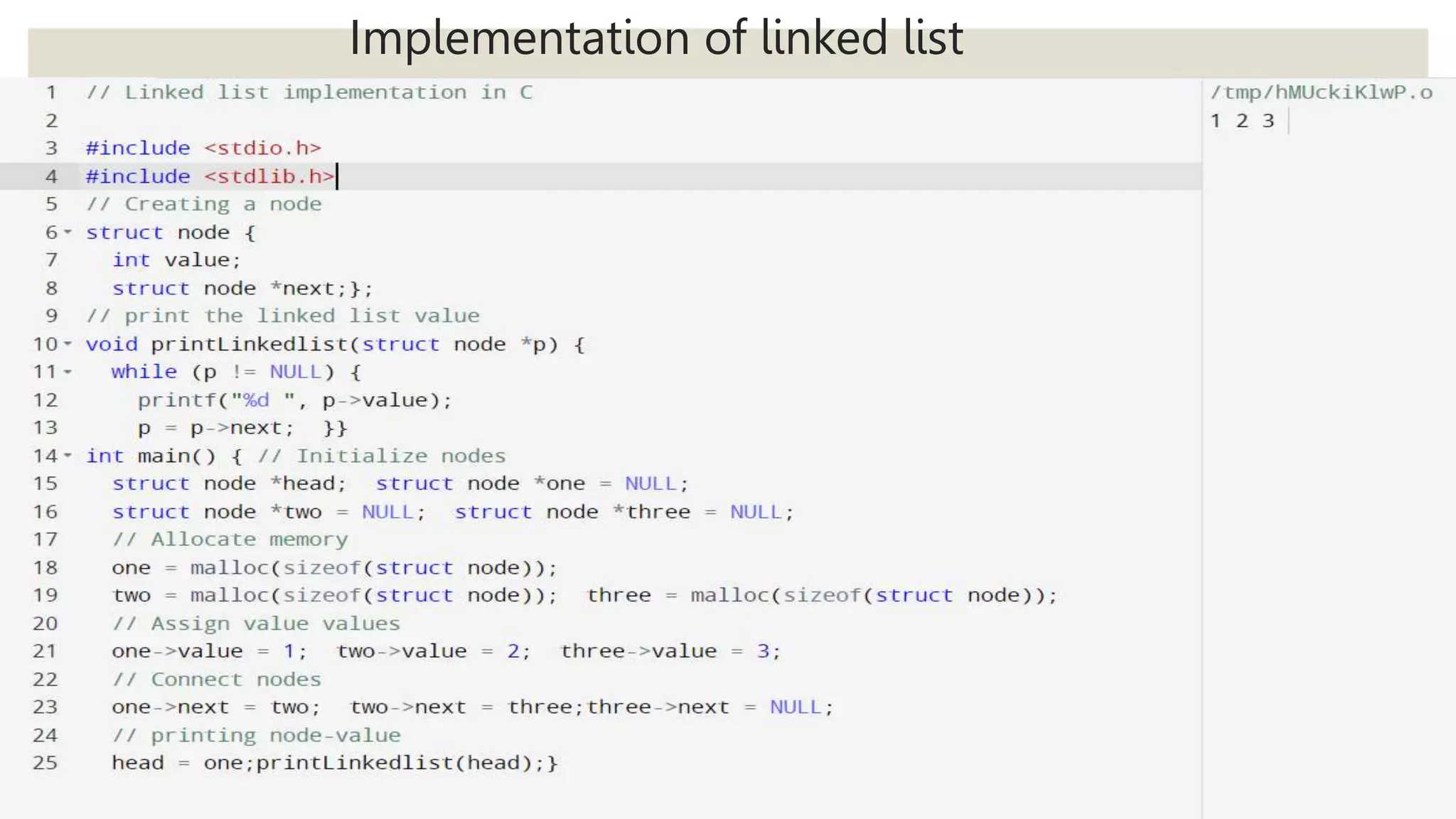 Implementation of linked list
 