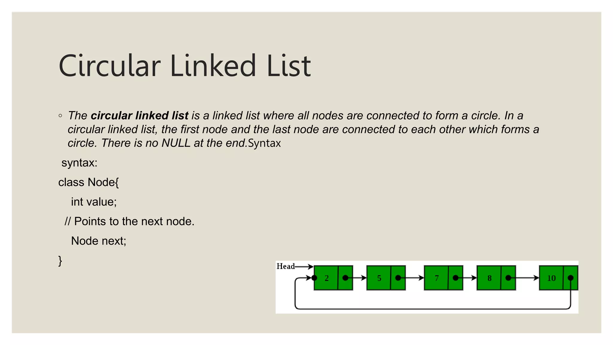 Circular Linked List
◦ The circular linked list is a linked list where all nodes are connected to form a circle. In a
circular linked list, the first node and the last node are connected to each other which forms a
circle. There is no NULL at the end.Syntax
syntax:
class Node{
int value;
// Points to the next node.
Node next;
}
 