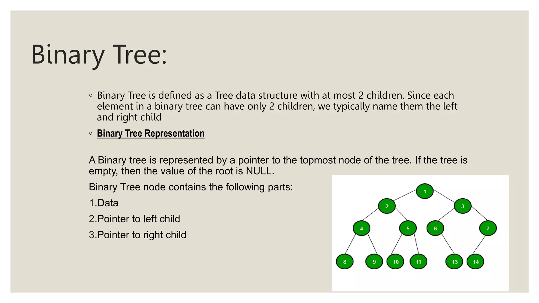 Binary Tree:
◦ Binary Tree is defined as a Tree data structure with at most 2 children. Since each
element in a binary tree can have only 2 children, we typically name them the left
and right child
◦ Binary Tree Representation
A Binary tree is represented by a pointer to the topmost node of the tree. If the tree is
empty, then the value of the root is NULL.
Binary Tree node contains the following parts:
1.Data
2.Pointer to left child
3.Pointer to right child
 