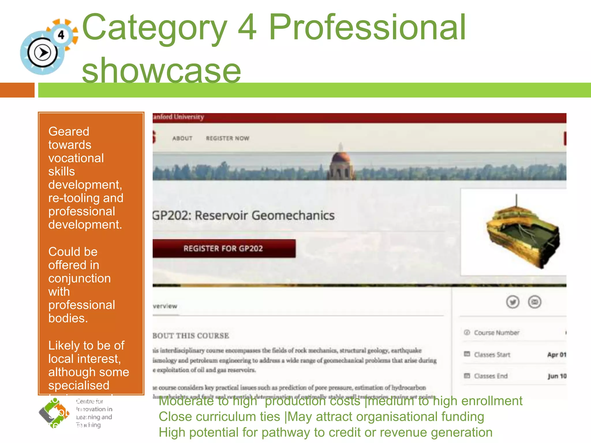 Category 4 Professional
showcase
Geared
towards
vocational
skills
development,
re-tooling and
professional
development.
Could be
offered in
conjunction
with
professional
bodies.
Likely to be of
local interest,
although some
specialised
topics may be
globally
relevant. .
Moderate to high production costs |medium to high enrollment
Close curriculum ties |May attract organisational funding
High potential for pathway to credit or revenue generation
 