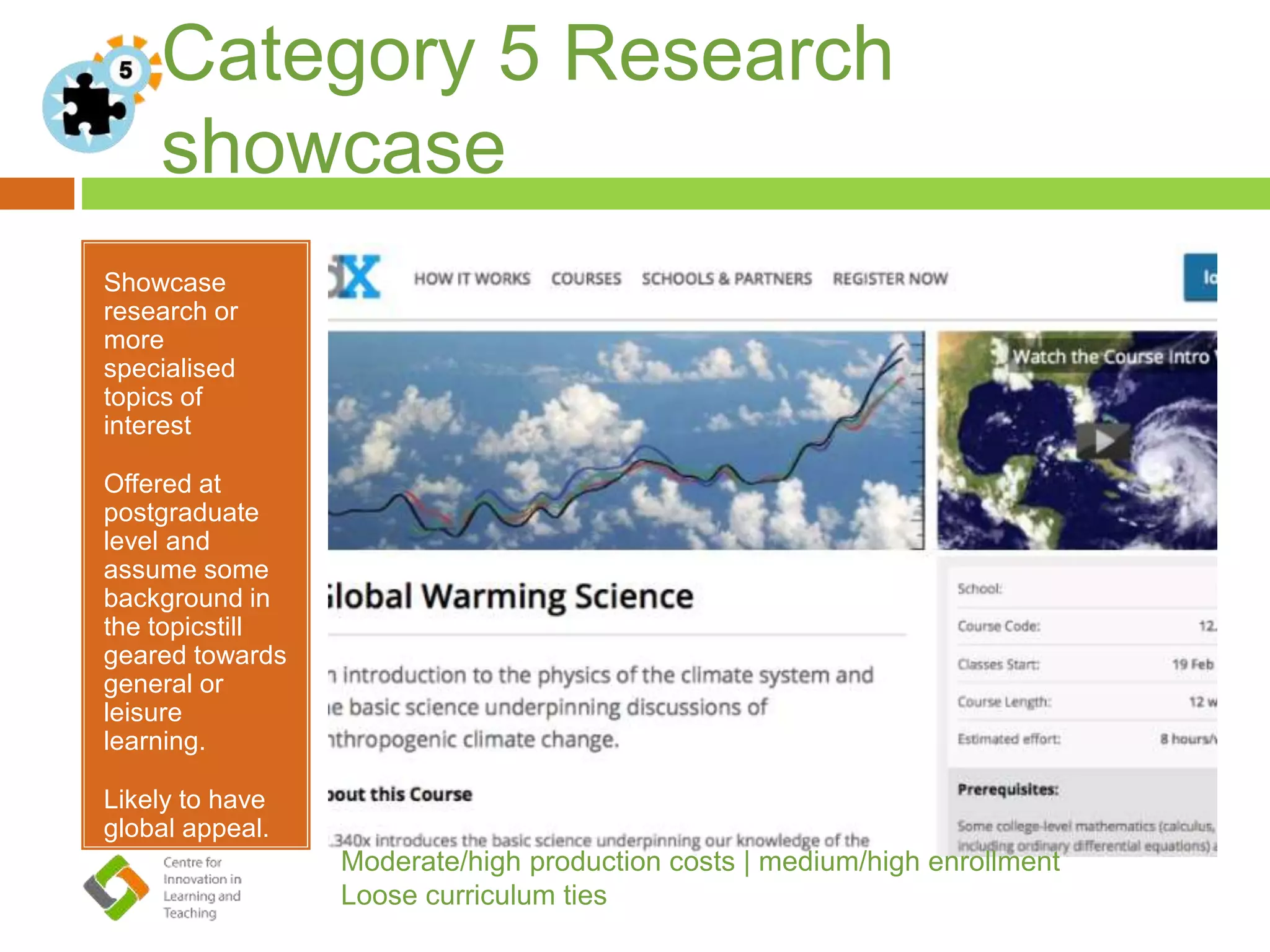 Category 5 Research
showcase
Showcase
research or
more
specialised
topics of
interest
Offered at
postgraduate
level and
assume some
background in
the topicstill
geared towards
general or
leisure
learning.
Likely to have
global appeal.
Moderate/high production costs | medium/high enrollment
Loose curriculum ties
 