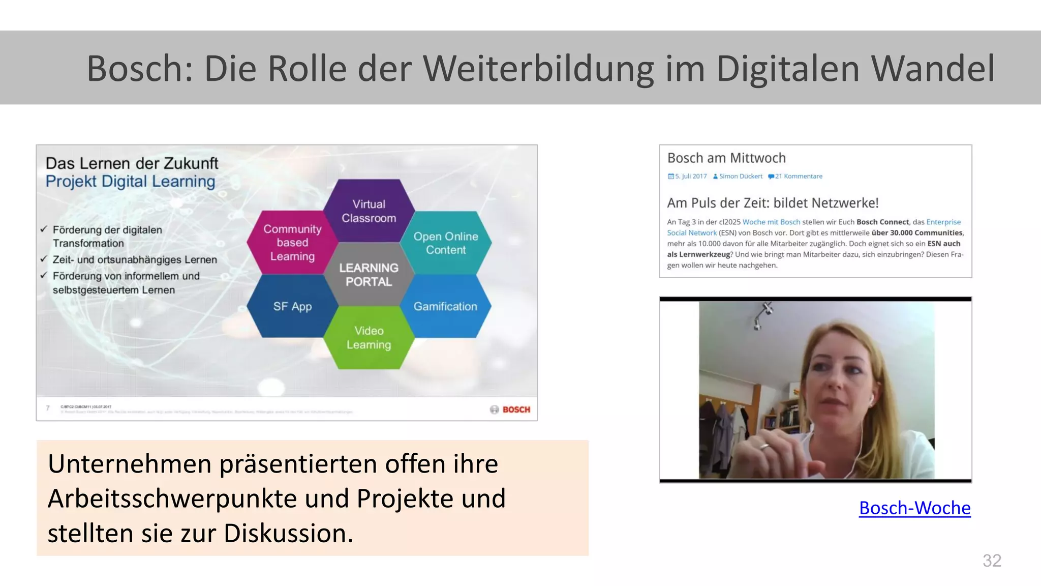 32
Bosch: Die Rolle der Weiterbildung im Digitalen Wandel
Bosch-Woche
Unternehmen präsentierten offen ihre
Arbeitsschwerpunkte und Projekte und
stellten sie zur Diskussion.
 