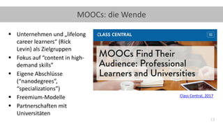 13
MOOCs: die Wende
▪ Unternehmen und „lifelong
career learners“ (Rick
Levin) als Zielgruppen
▪ Fokus auf “content in high-
demand skills”
▪ Eigene Abschlüsse
(“nanodegrees”,
“specializations”)
▪ Freemium-Modelle
▪ Partnerschaften mit
Universitäten
Class Central, 2017
 