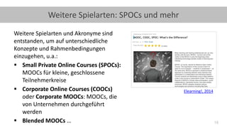 18
Weitere Spielarten: SPOCs und mehr
Weitere Spielarten und Akronyme sind
entstanden, um auf unterschiedliche
Konzepte und Rahmenbedingungen
einzugehen, u.a.:
▪ Small Private Online Courses (SPOCs):
MOOCs für kleine, geschlossene
Teilnehmerkreise
▪ Corporate Online Courses (COOCs)
oder Corporate MOOCs: MOOCs, die
von Unternehmen durchgeführt
werden
▪ Blended MOOCs …
Elearning!, 2014
 