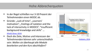 38
Hohe Abbrecherquoten
▪ In der Regel schließen nur 3-10 Prozent der
Teilnehmenden einen MOOC ab.
▪ Gründe: „Lack of time“, „Learners’
motivation“, „Feelings of isolation and the
lack of interactivity in MOOCS”, “Insufficient
background knowledge and skills” …
(Khalil/ Ebner, 2014)
▪ Doch die Ziele, Motive und Interessen der
Teilnehmenden können sehr unterschiedlich
sein: Wollen sie überhaupt alle Module
bearbeiten und den Kurs abschließen?
Feldstein, 2014
 
