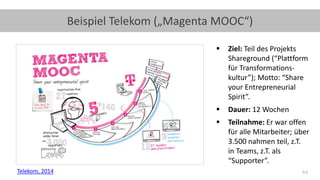 44
Beispiel Telekom („Magenta MOOC“)
Telekom, 2014
▪ Ziel: Teil des Projekts
Shareground (“Plattform
für Transformations-
kultur”); Motto: “Share
your Entrepreneurial
Spirit”.
▪ Dauer: 12 Wochen
▪ Teilnahme: Er war offen
für alle Mitarbeiter; über
3.500 nahmen teil, z.T.
in Teams, z.T. als
“Supporter”.
 