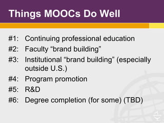 Things MOOCs Do Well
#1: Continuing professional education
#2: Faculty “brand building”
#3: Institutional “brand building” (especially
outside U.S.)
#4: Program promotion
#5: R&D
#6: Degree completion (for some) (TBD)
 