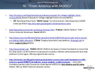 www.MOOCsUniversity.org
IV. “From America with MOOCs”
• http://chronicle.com/blogs/wiredcampus/obama-proposals-for-college...