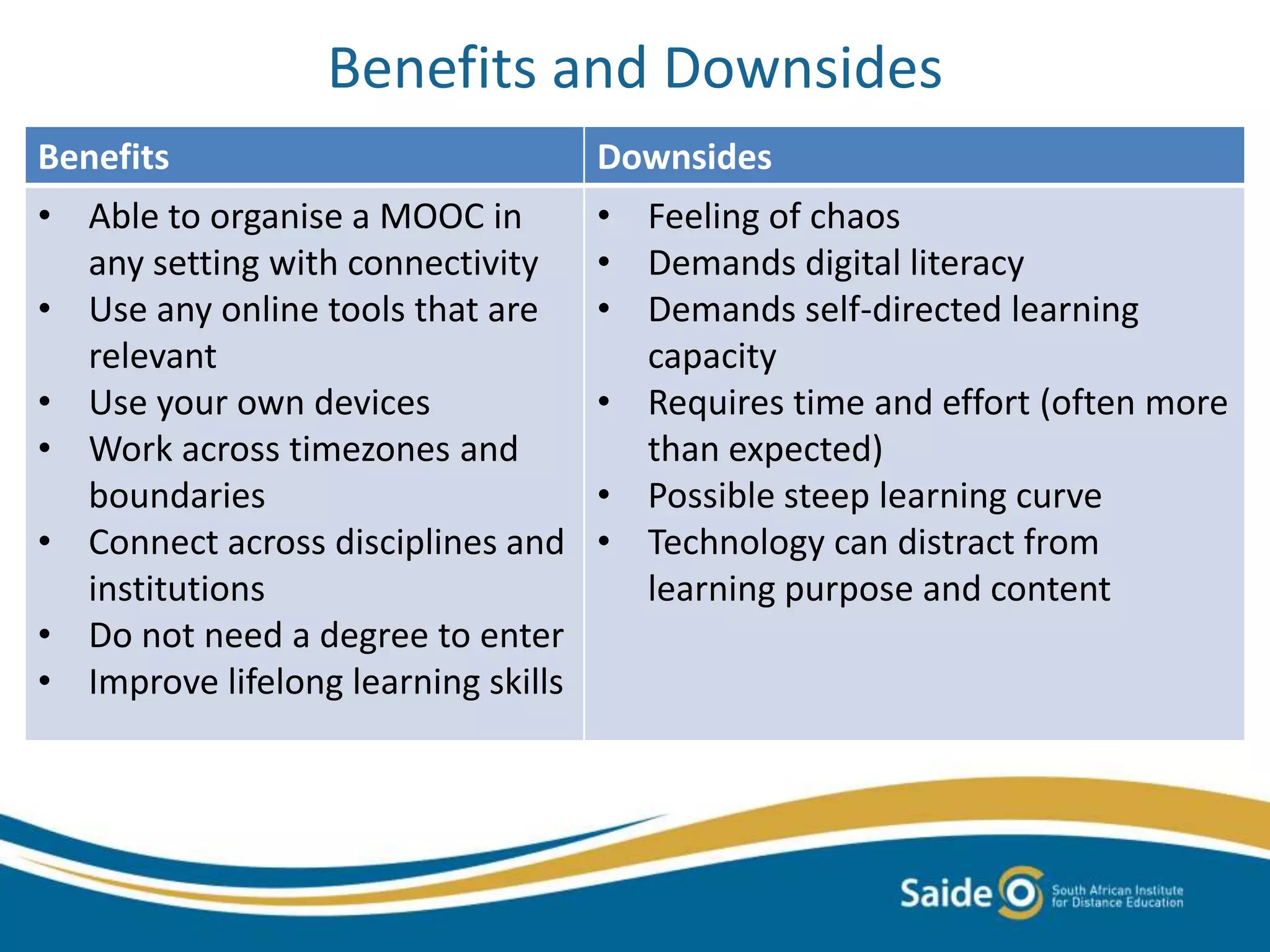 Benefits and Downsides
Benefits Downsides
• Able to organise a MOOC in
any setting with connectivity
• Use any online tools that are
relevant
• Use your own devices
• Work across timezones and
boundaries
• Connect across disciplines and
institutions
• Do not need a degree to enter
• Improve lifelong learning skills
• Feeling of chaos
• Demands digital literacy
• Demands self-directed learning
capacity
• Requires time and effort (often more
than expected)
• Possible steep learning curve
• Technology can distract from
learning purpose and content
 