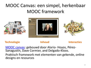 MOOC Canvas: een simpel, herkenbaar
MOOC framework
MOOC canvas: gebouwd door Alario- Hoyos, Pérez-
Sanagustín, Dave Cormier, and Delgado-Kloos.
Praktisch framework met elementen van gekende, online
designs en resources
Technologie Inhoud Interacties
14
 
