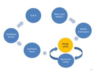 MOOC platform
Waar zie je jouw MOOC?
• Een toevoeging (add-on – eLearning uitbreiden?)
• MOOC service, mash-up, coding?
• Een stand-alone (bv. promotie, rampenplan)
• Heb je voorkeuren voor integratie binnen bestaande omgeving/opties:
– Gericht aan specifieke doelgroep (bv. sales, ingenieurs)?
– Nieuw publiek aantrekken?
– LMS uitbreiden (SAKAI, Drupal, Moodle, Blackboard…)?
– Peer-to-peer kennisuitwisseling of expert push? (top-down, grassroots equal
sharing?)
23
 