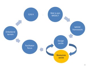 LMS, MOOC platform of Mash-up? (1/2)
• Gebruik van het bestaande Learning Management
System
• Een extern, bestaand MOOC platform gebruiken (e.g.
coursera, Canvas.net… (partnership / service & support -
zichtbaarheid)
• Eigen MOOC platform bouwen met bestaande open code
• Een MOOC mash-up creëren: mix wat bestaat naar wens 33
 