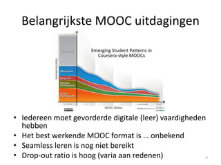 Belangrijkste MOOC uitdagingen
• Gevorderde digitale (leer) vaardigheden hebben
• Return on Investment en businessmodellen
• Het best werkende MOOC format is … onbekend
• Seamless leren is nog niet bereikt
• Drop-out ratio is hoog (varia aan redenen) 6
 