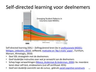 Grootste uitdaging: docent + charisma
Meerdere vaardigheden
• Communicatie => kan cursus coordinator zijn
• Kennis en Kwaliteit uitstralen (charisma)
• Een eigen plaats toeëigenen binnen MOOC
• Motivatie
• Kennis van de digitale leeromgeving (beide kanten)
• Docent = facilitators / guides-on-the-side / deelnemer
60
 