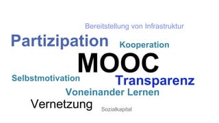 MOOC
Partizipation
TransparenzSelbstmotivation
Vernetzung
Bereitstellung von Infrastruktur
Voneinander Lernen
Sozialkapital
Kooperation
 