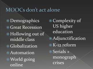  Demographics
 Great Recession
 Hollowing out of
middle class
 Globalization
 Automation
 World going
online
 Complexity of
US higher
education
 Adjunctification
 K-12 reform
 Serials +
monograph
crises
 